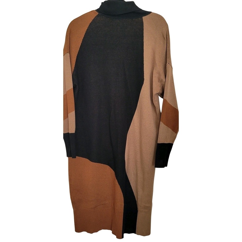 Anne Klein Colorblock Turtleneck Pullover Sweaterdress Black Brown Tan M Women